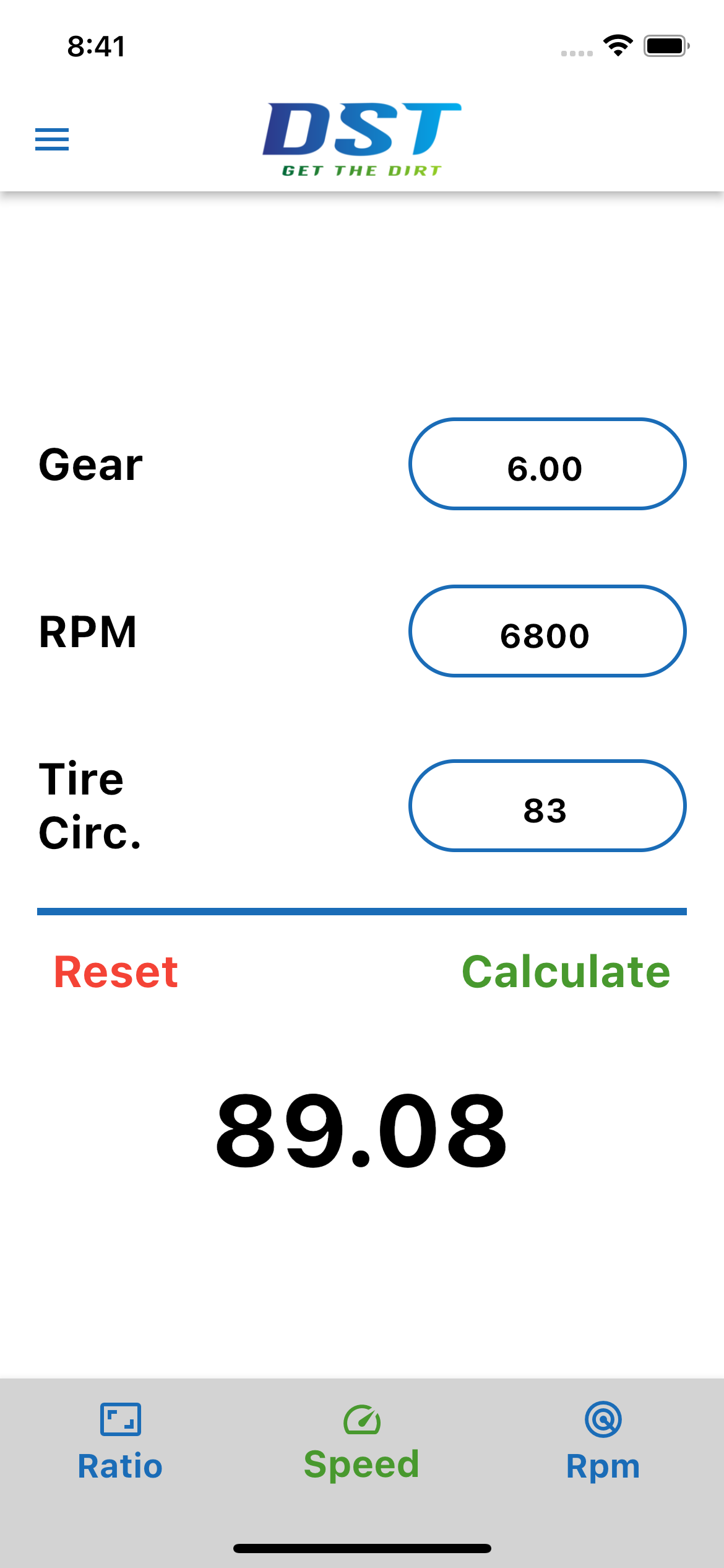 Race car speed calculator in the Dirt Slingin Tech app with inputs for gear, RPM, and tire circumference.
